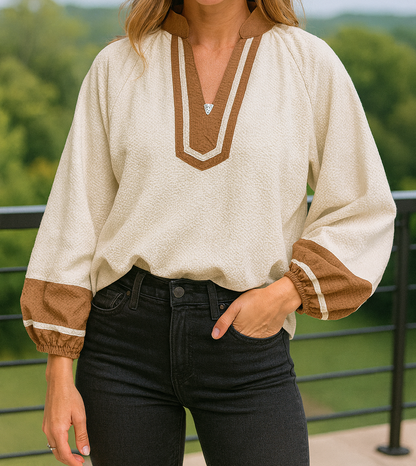 Colorblock V Neck Blouse FB