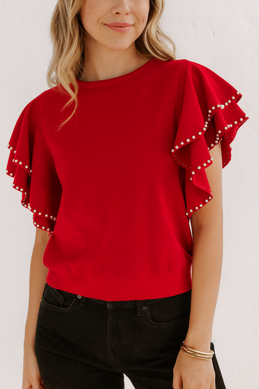 Red Pearl Ruffled Sweater LT