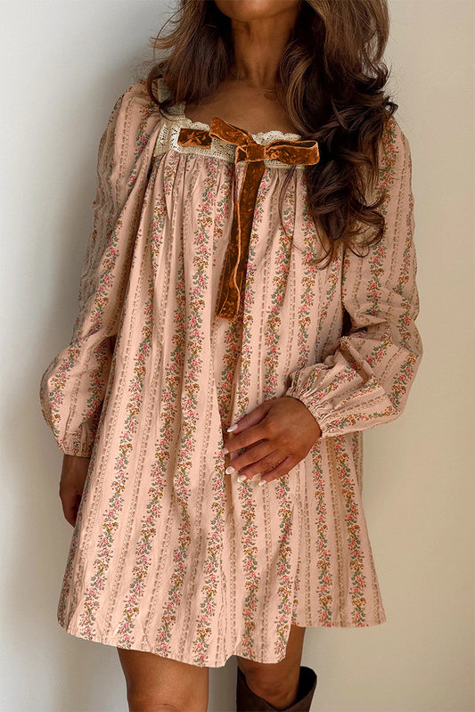 Floral Velvet Bow Loose Mini Dress LT