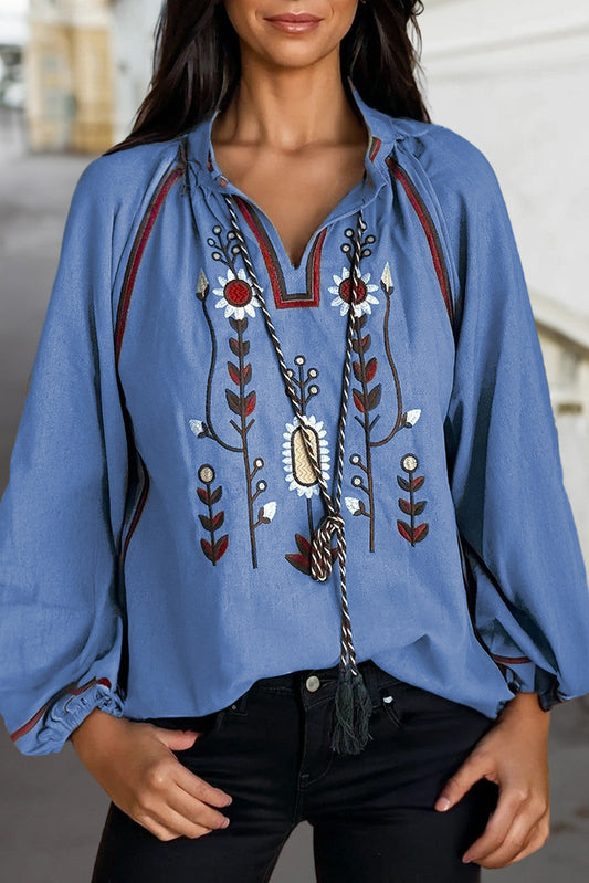 Floral Embroidered Tassel Blouse FB
