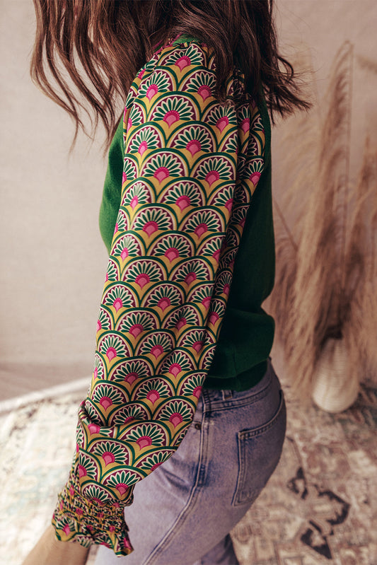 Green Floral Shirred Cuff Top RTS