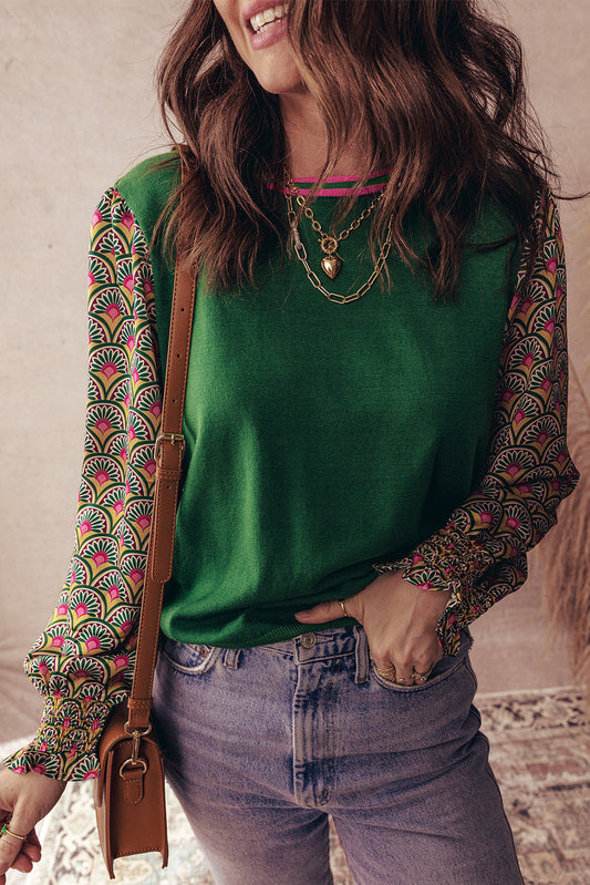 Green Floral Shirred Cuff Top RTS