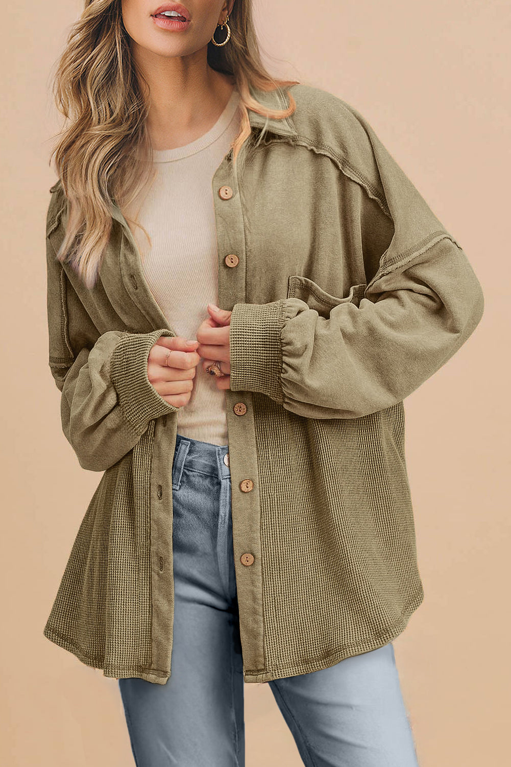 Green Waffle Oversized Shacket FB