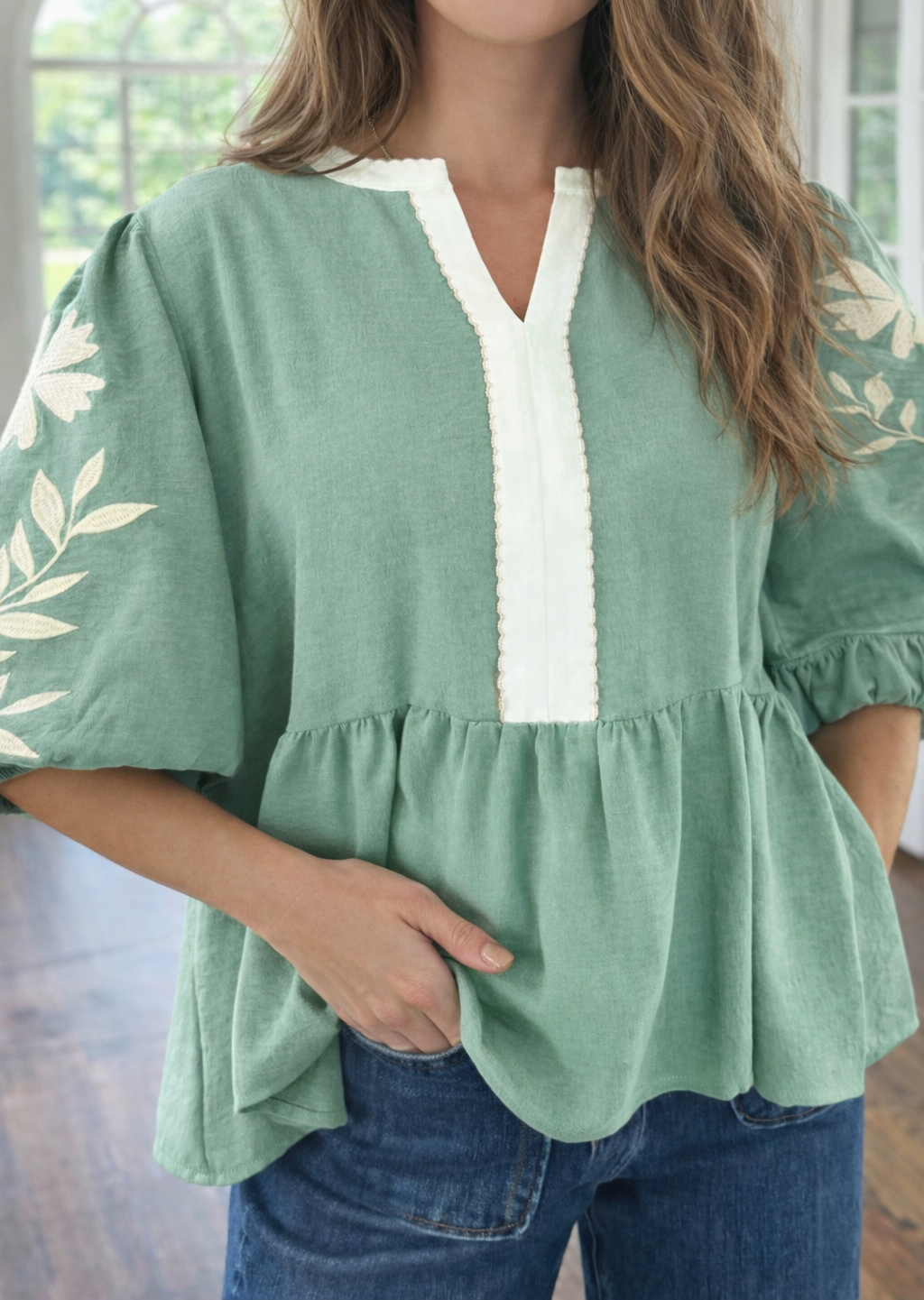 Green Embroidered Babydoll Blouse RTS