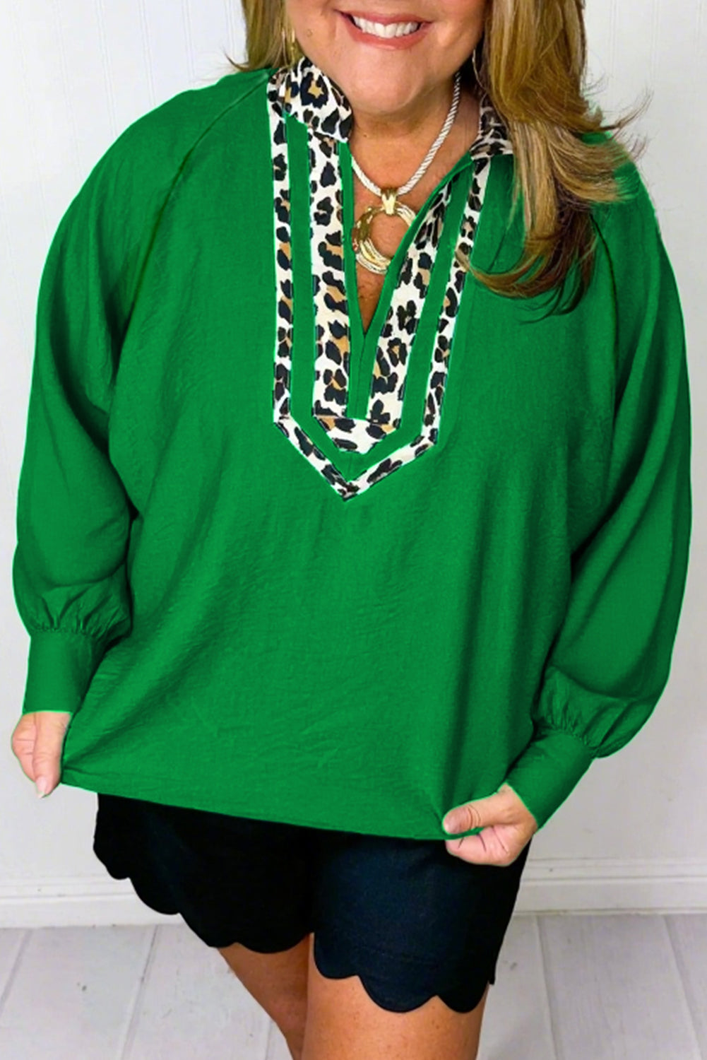 Green Plus Size Leopard Trim Blouse September.