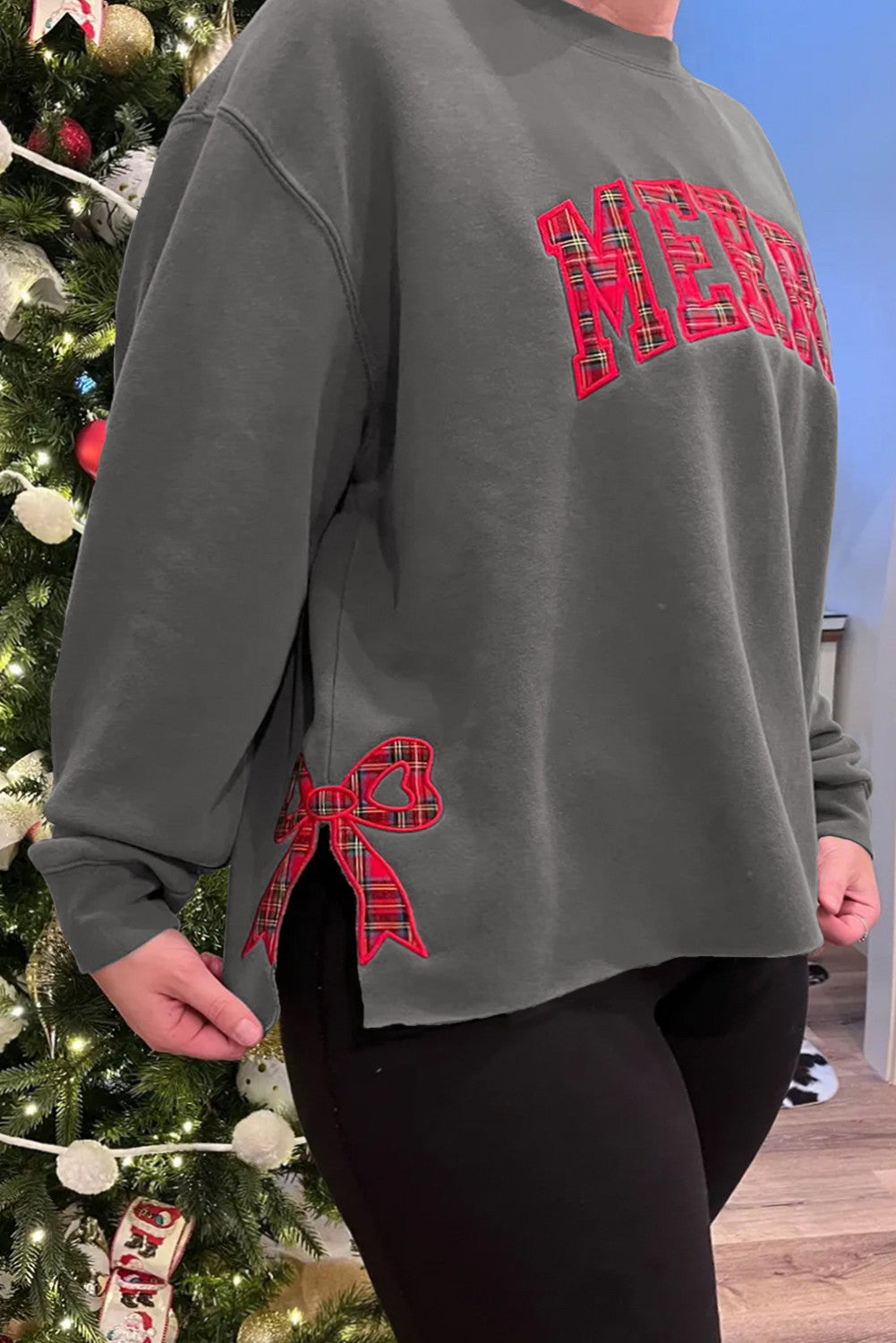 Grey Plaid MERRY Bow Plus Sweatshirt FB
