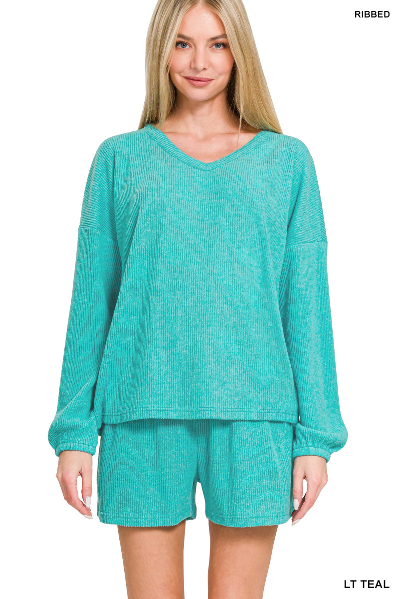Ribbed Long Sleeve Shortie Set Zenana