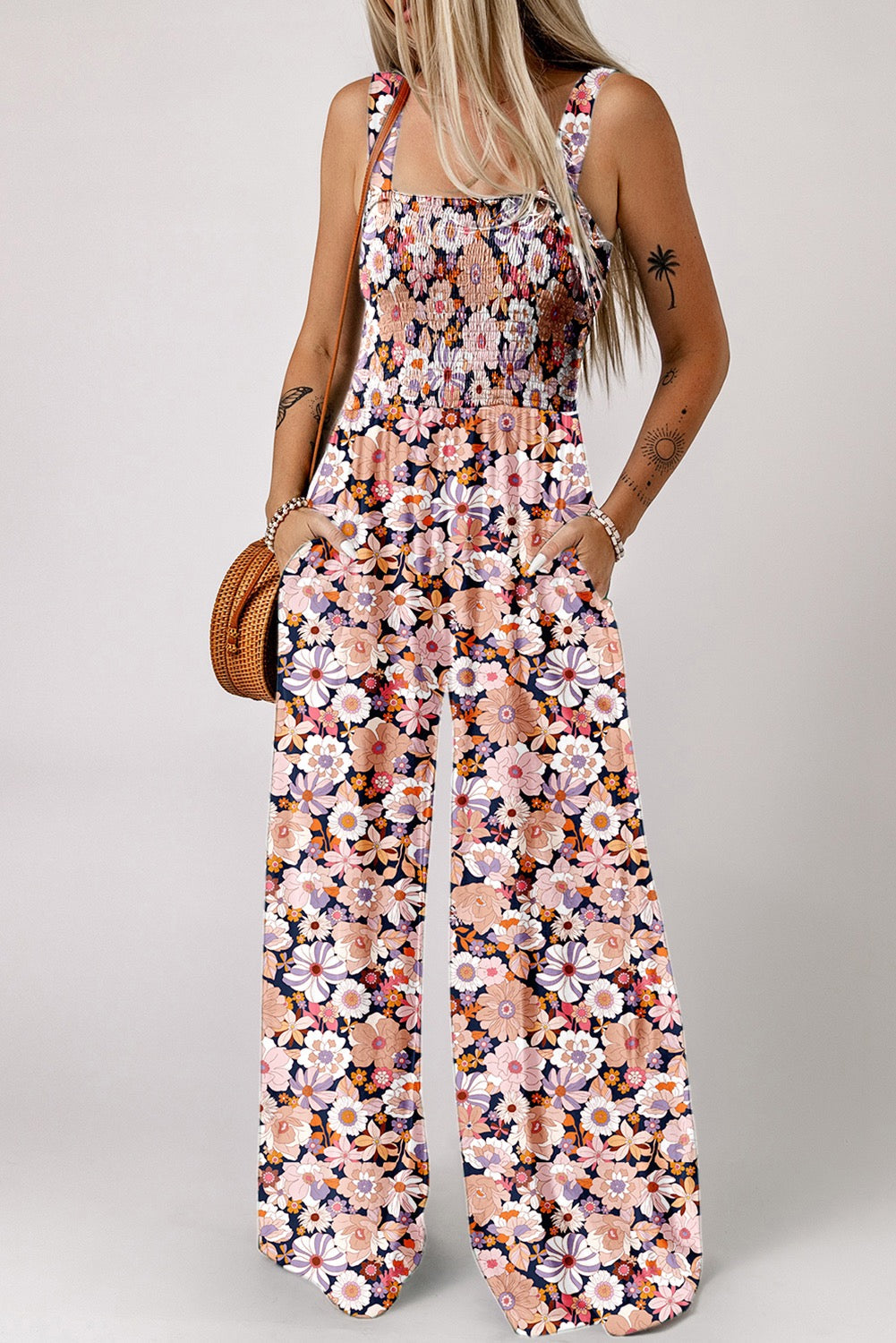 Black Floral Print Smocked Jumpsuit FB