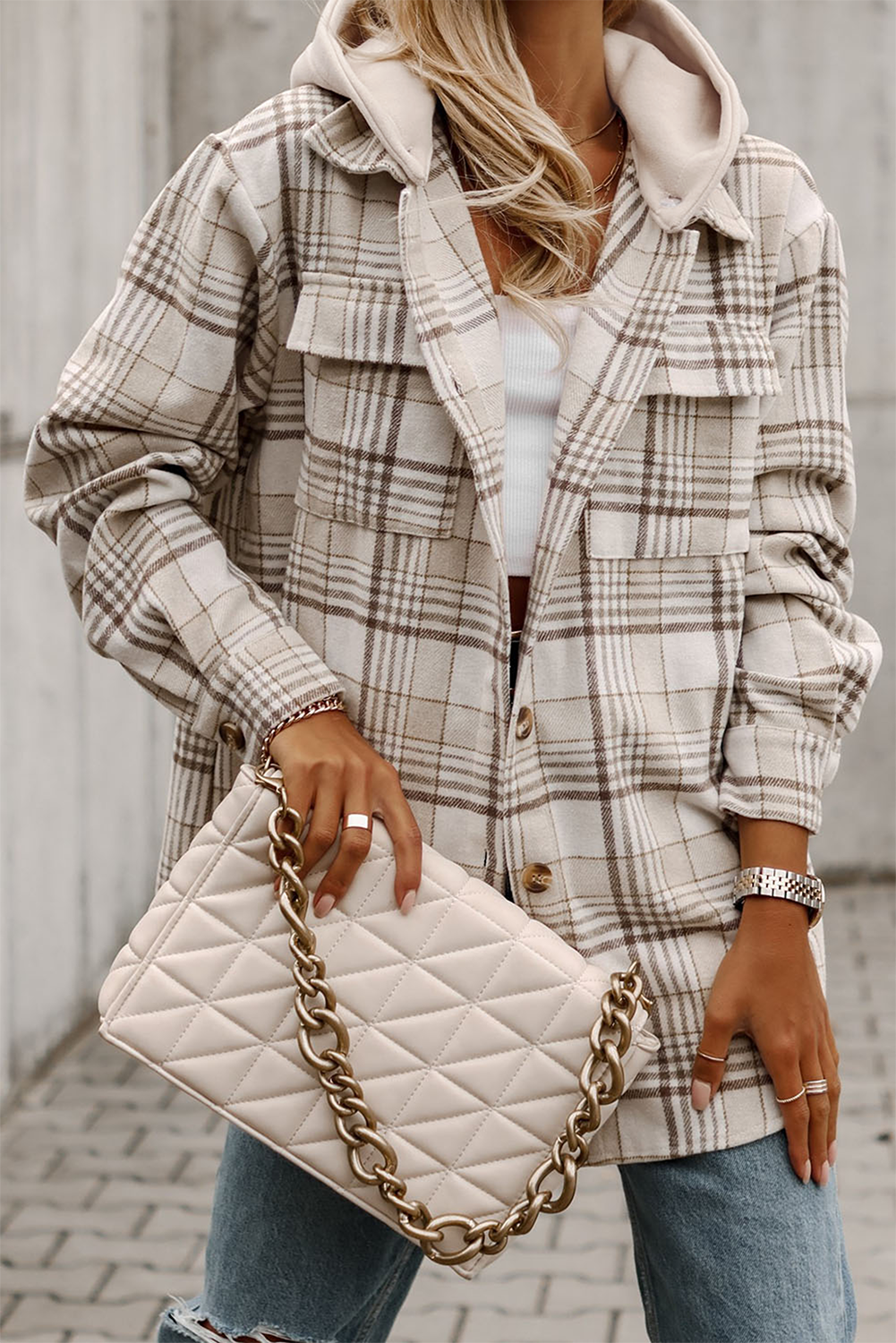 Khaki Plaid Removable Hood Shacket FB