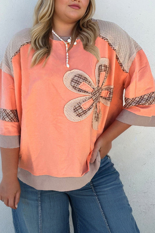 Orange Plaid Flower Plus Size Top FB