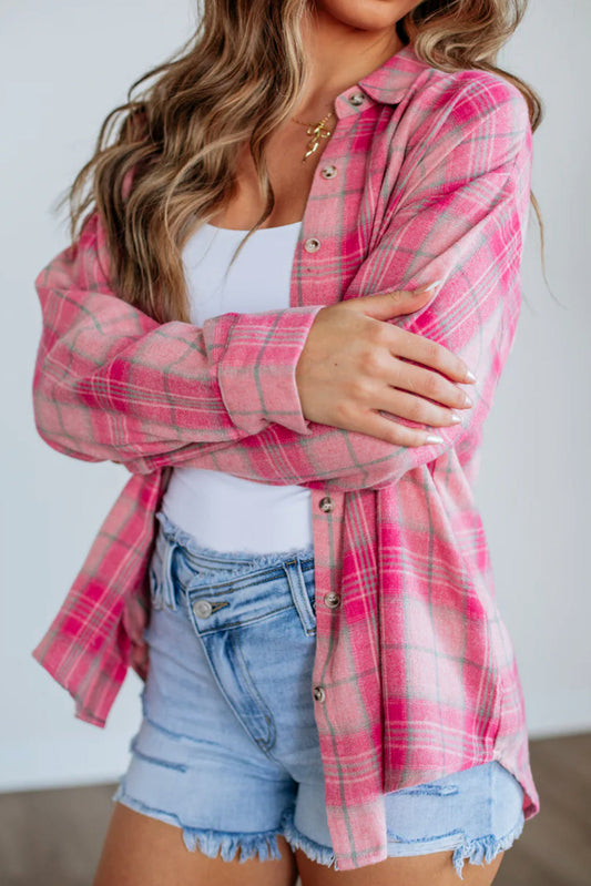 Pink Plaid Rounded Hem Shacket FB
