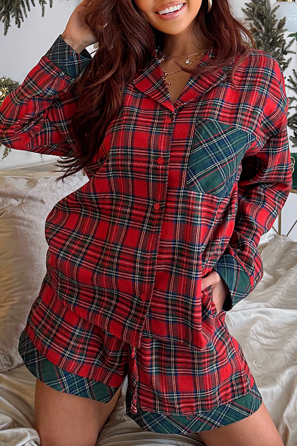 Plaid Contrast Christmas Pajama Short Set FB