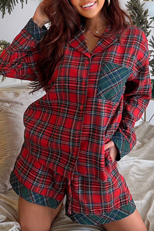 Plaid Contrast Christmas Pajama Short Set FB