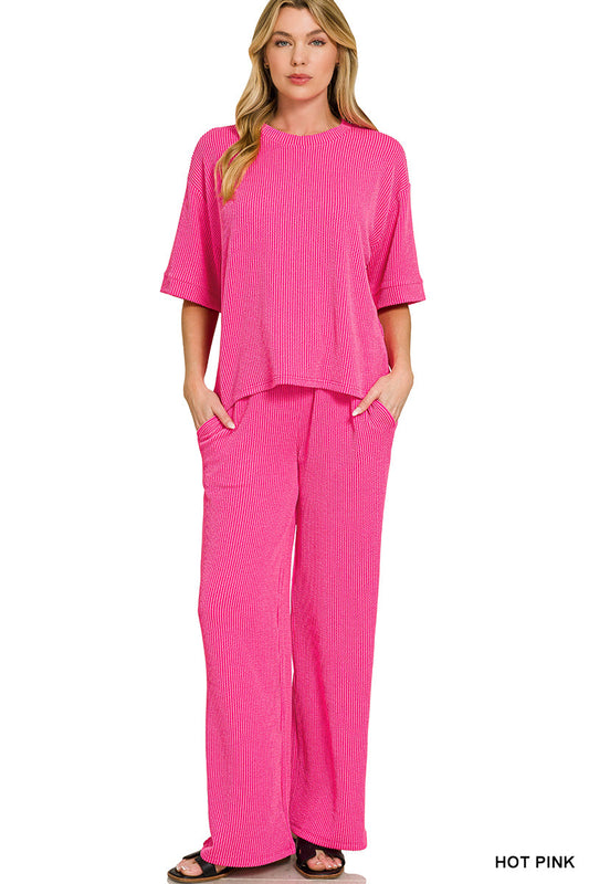 Raised-Rib Short Tee Pants Set Zenana