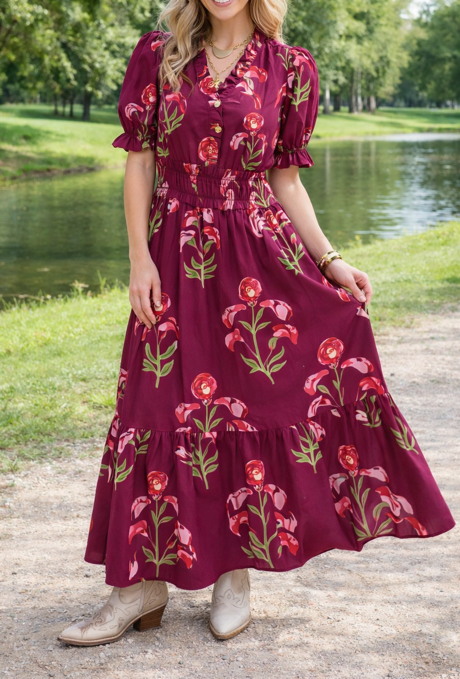 Red Floral Frilled Maxi Dress FB