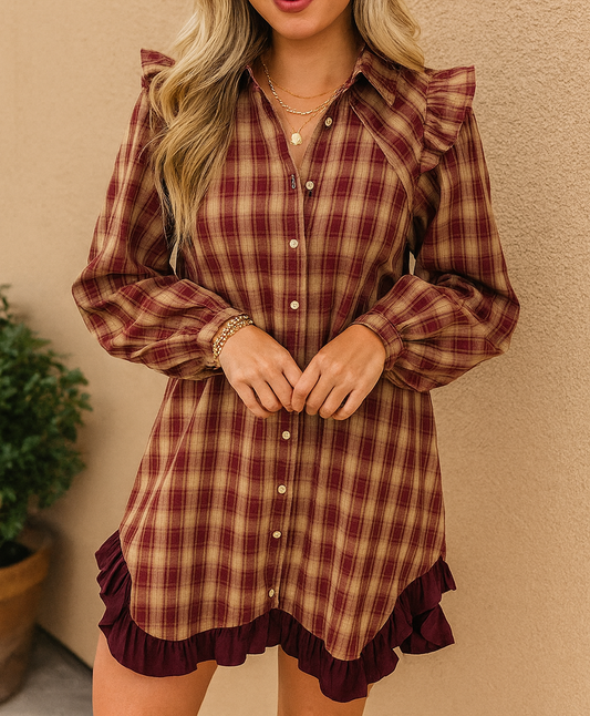 Burgundy Plaid Ruffled Mini Dress LT