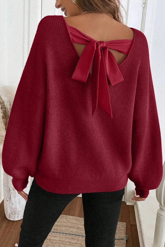 Red Ribbed Ribbon Knot Sweater FB