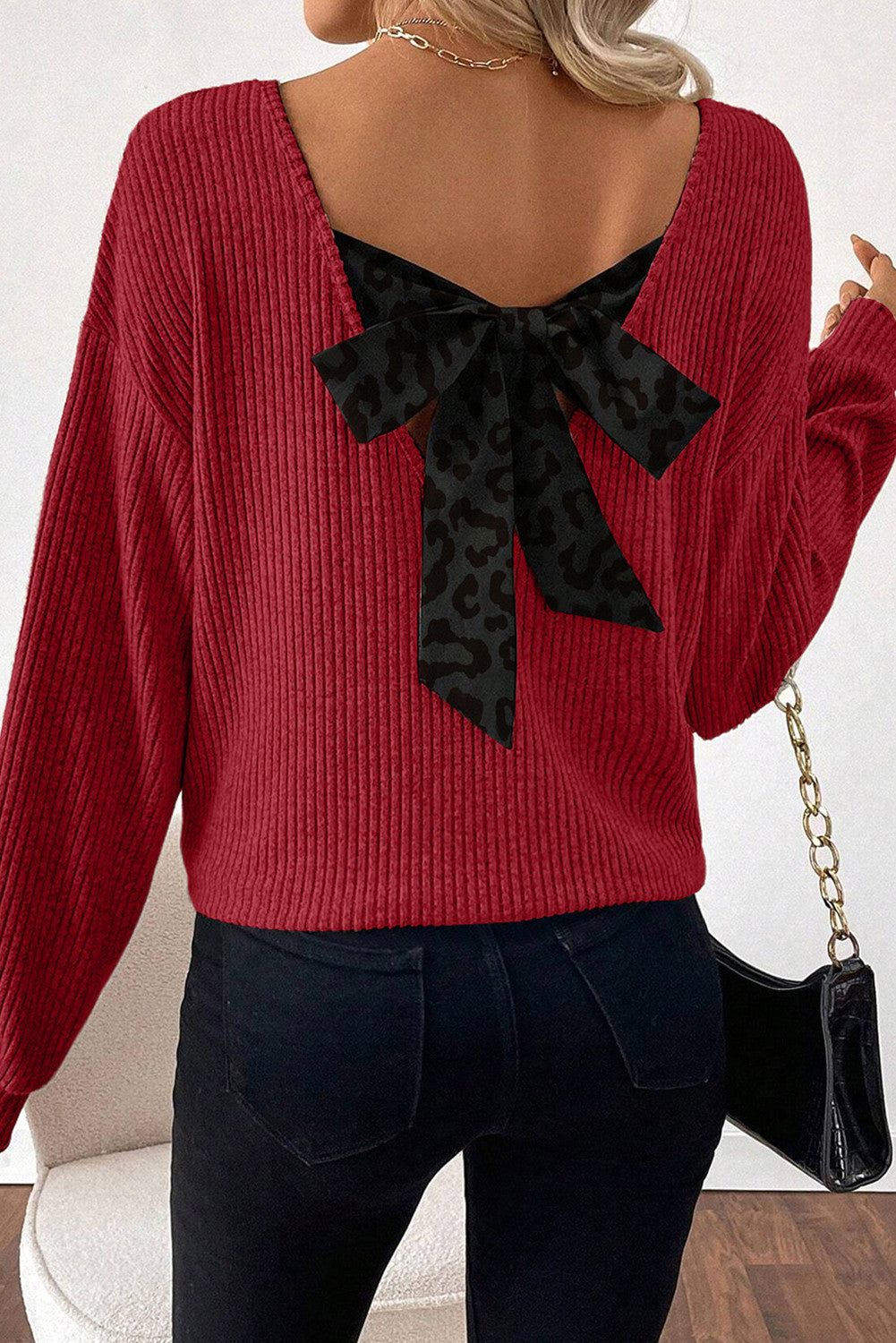 Ribbed V Neck Bow Back Top FB
