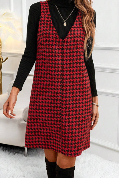 V Neck Houndstooth Mini Dress FB