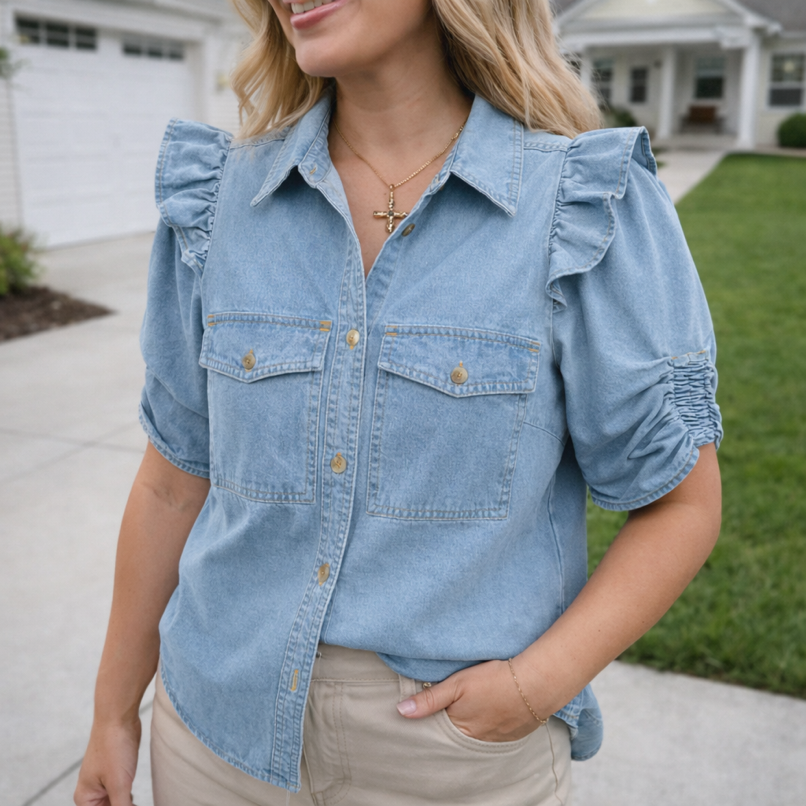 Ruffle Detail Button Denim Blouse FB