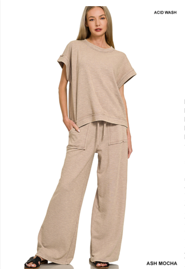 Washed Slub Short Sleeve Tee & Long Pants Set Zenana