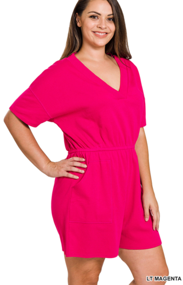 PLUS DROP SHOULDER V-NECK ROMPER WITH POCKETS