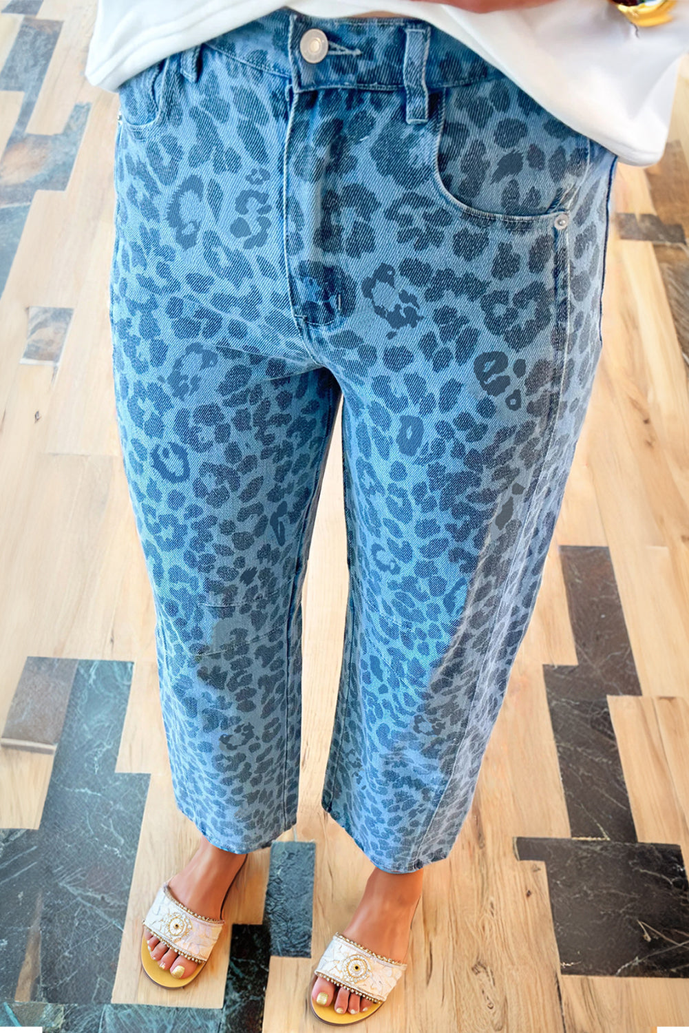 Sky Blue Leopard Straight Jeans RTS