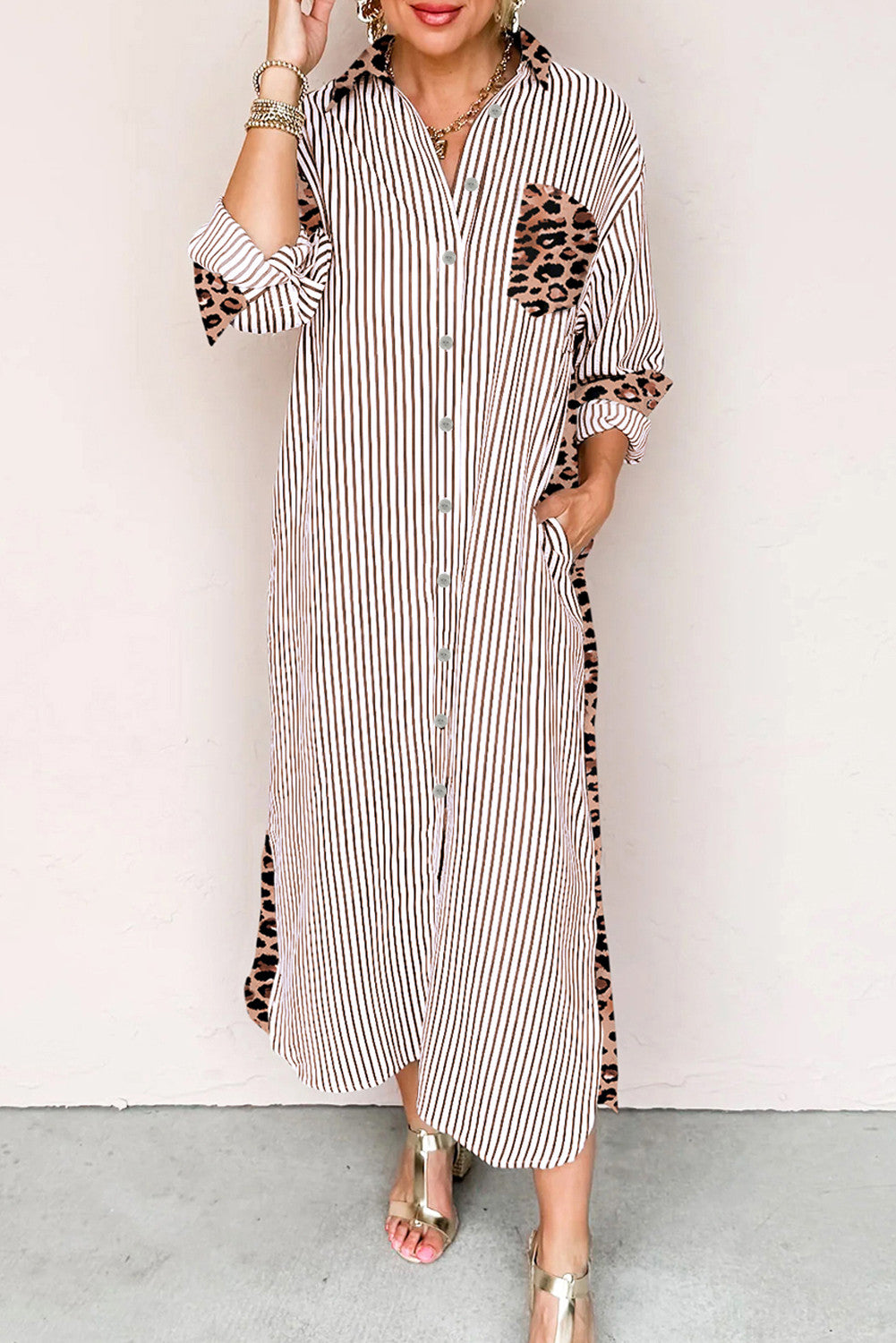 Stripe Leopard Button Dress Slits LT