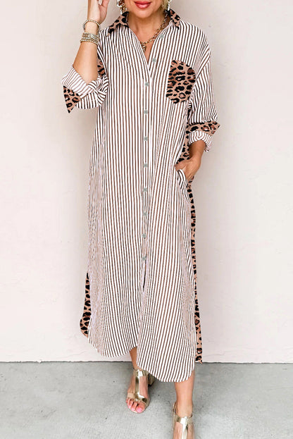 Stripe Leopard Button Dress Slits LT