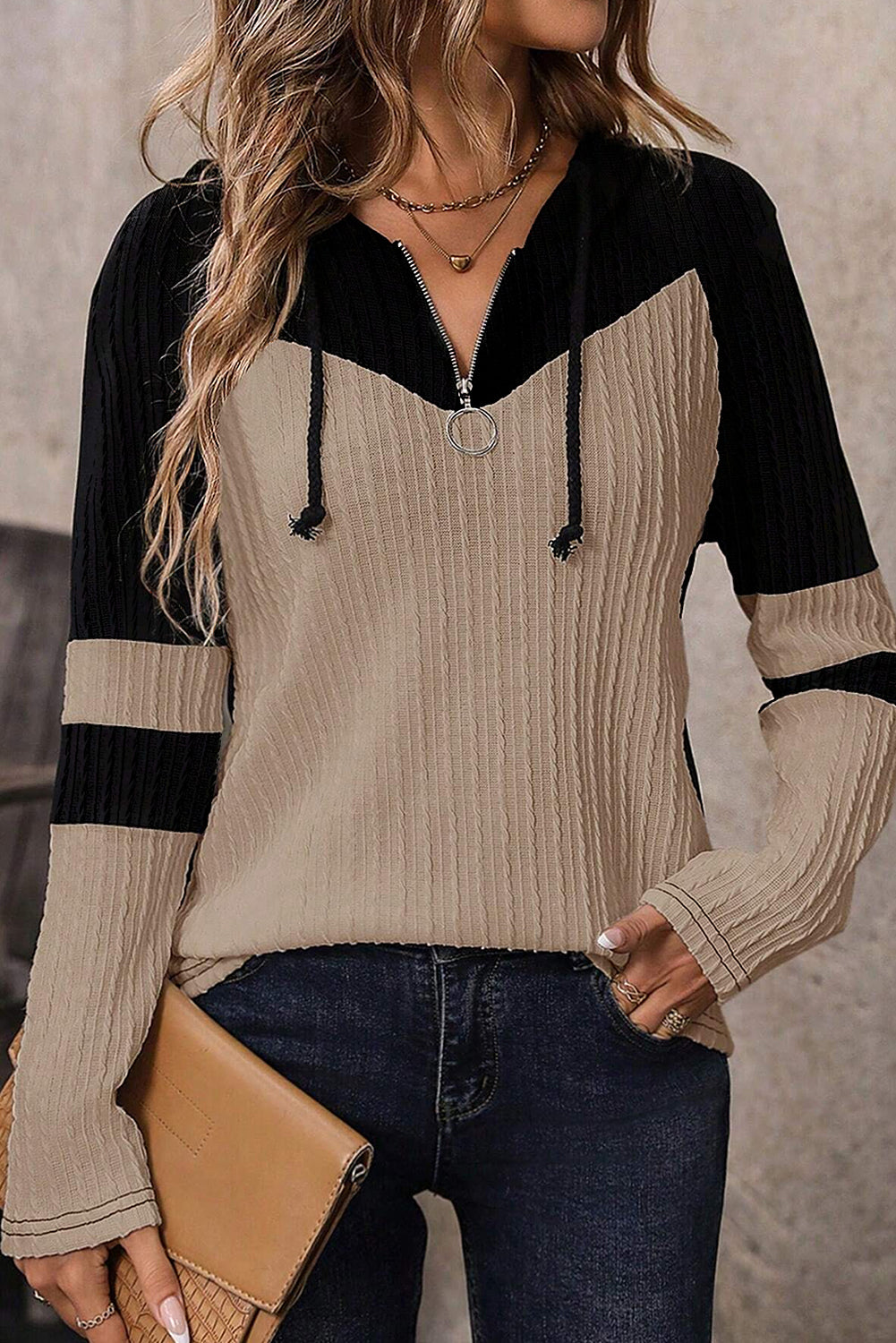 Textured Quarter Zip Hooded Top FB
