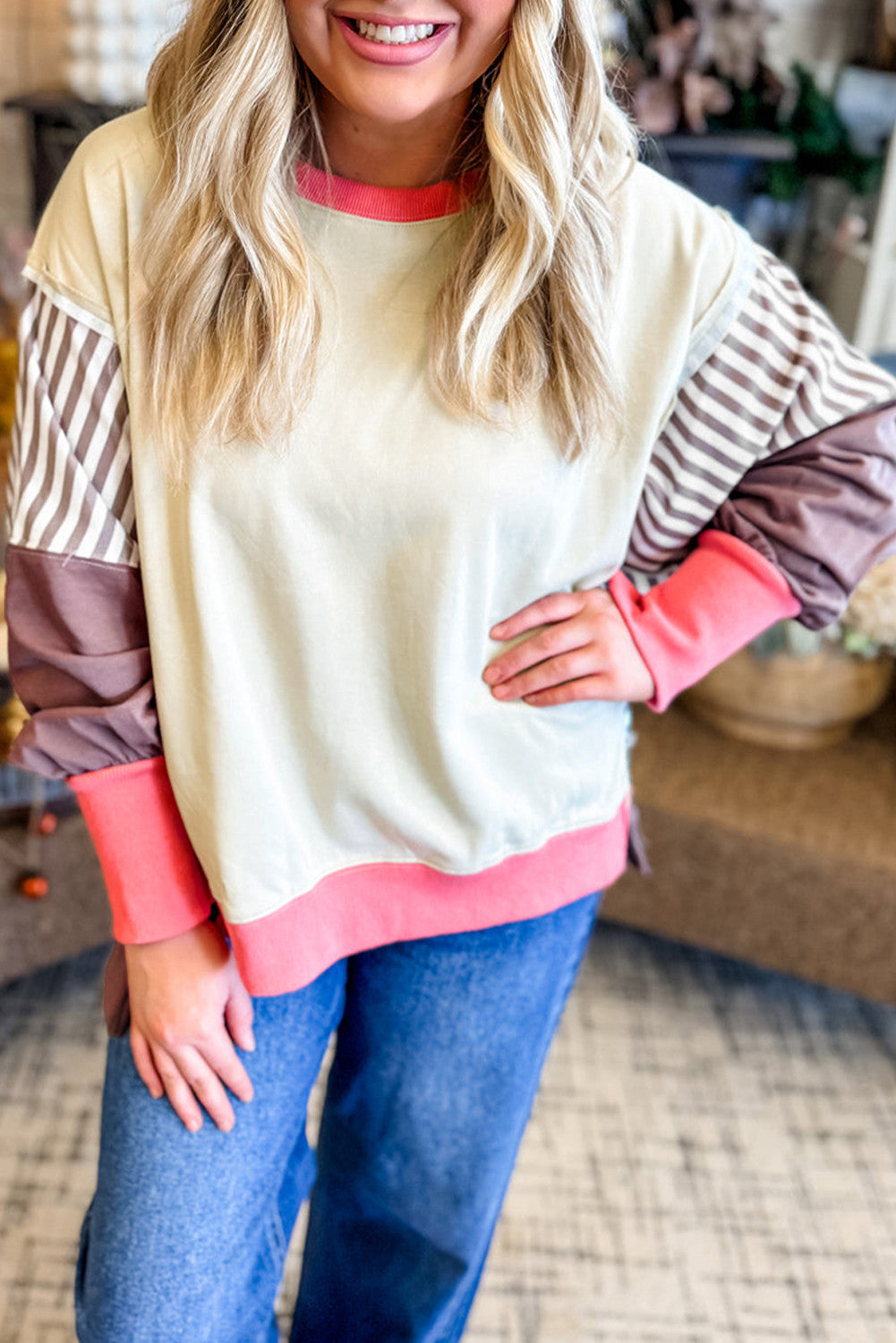 White Color Block Striped Sweatshirt RTS