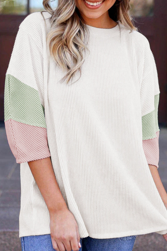 White Colorblock Ribbed Knit Top FB