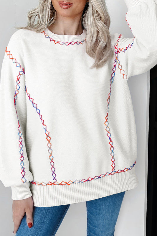 White Colorful Stitch Sweater FB