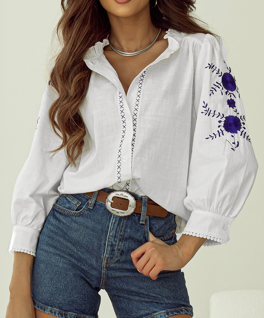 White Floral Embroidered Shirt FB