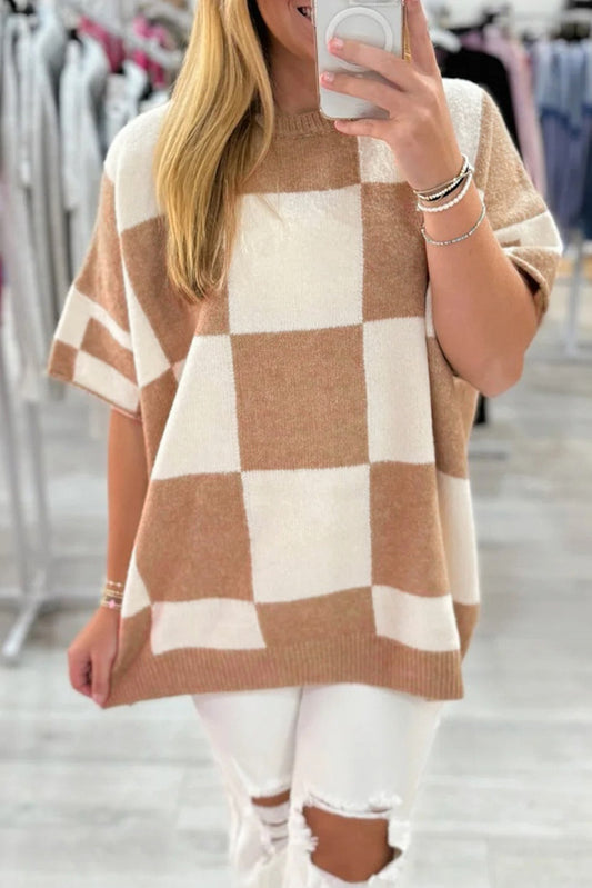 Beige Checkered Loose Sweater FB