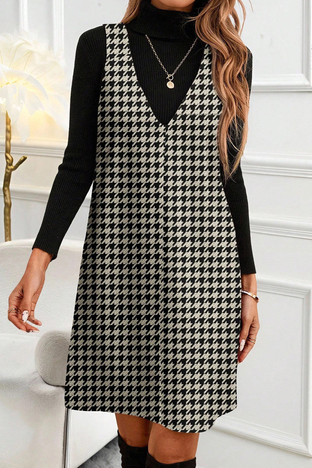 V Neck Houndstooth Mini Dress FB