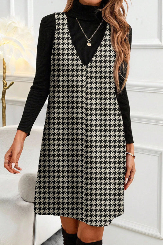 V Neck Houndstooth Mini Dress FB