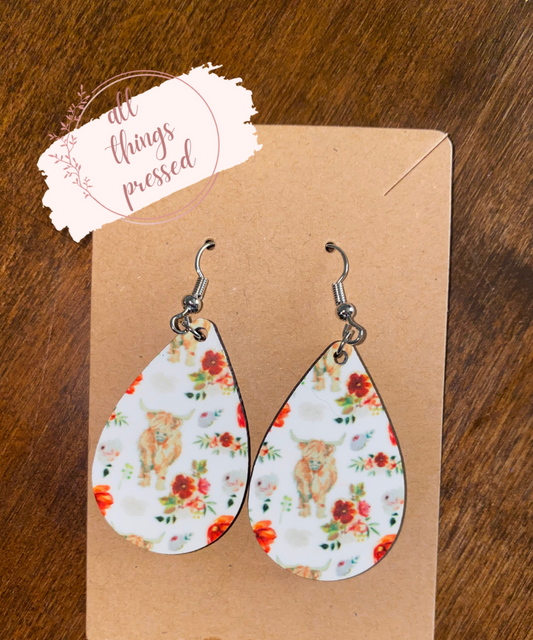 Floral Highland Cow Earrings