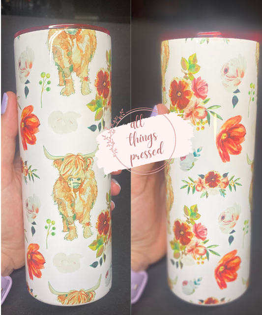 Floral Highland Cow Tumbler